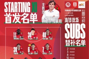 中超第27輪，河南俱樂部酒祖杜康VS長春亞泰 首發(fā)及替補(bǔ)隊(duì)員名單