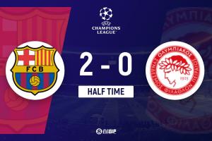 半場(chǎng)-巴薩暫2-0奧林匹亞科斯 費(fèi)爾明雙響亞馬爾德羅送助攻