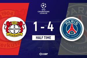 半場-巴黎暫4-1勒沃庫森 安德里希、扎巴爾尼染紅K77傳射杜埃雙響