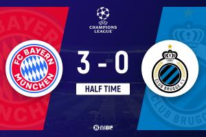 半場(chǎng)-拜仁暫3-0布魯日 小將倫納特-卡爾世界波凱恩迪亞斯破門