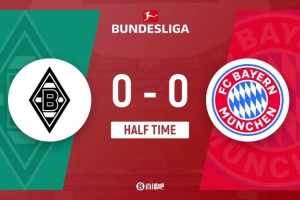 半場(chǎng)-拜仁暫0-0十人門興 迪亞斯開場(chǎng)失單刀 卡斯特羅普飛鏟染紅