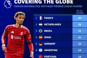 英超各國外援?dāng)?shù)：法國40人、荷蘭36人、巴西31人、西班牙21人