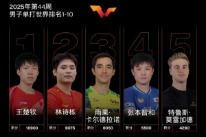 WTT男單最新世界排名：王楚欽林詩棟前二，梁靖崑第6，向鵬第9