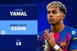 德轉(zhuǎn)列16-25歲各年齡最高身價：亞馬爾2億，貝林、哈蘭德均1.8億